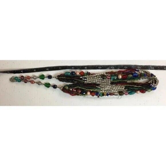 Layered Beaded Necklace Silver Tone Multicolor Multi Strand Statement 23in - Picture 3 of 7
